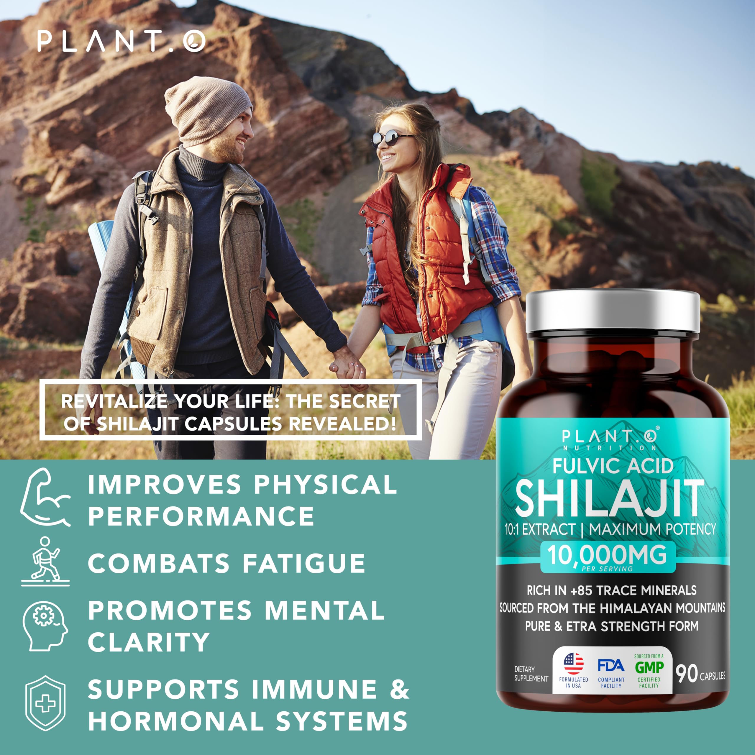 PLANT.O NUTRITION Shilajit label highlighting fulvic acid and minerals