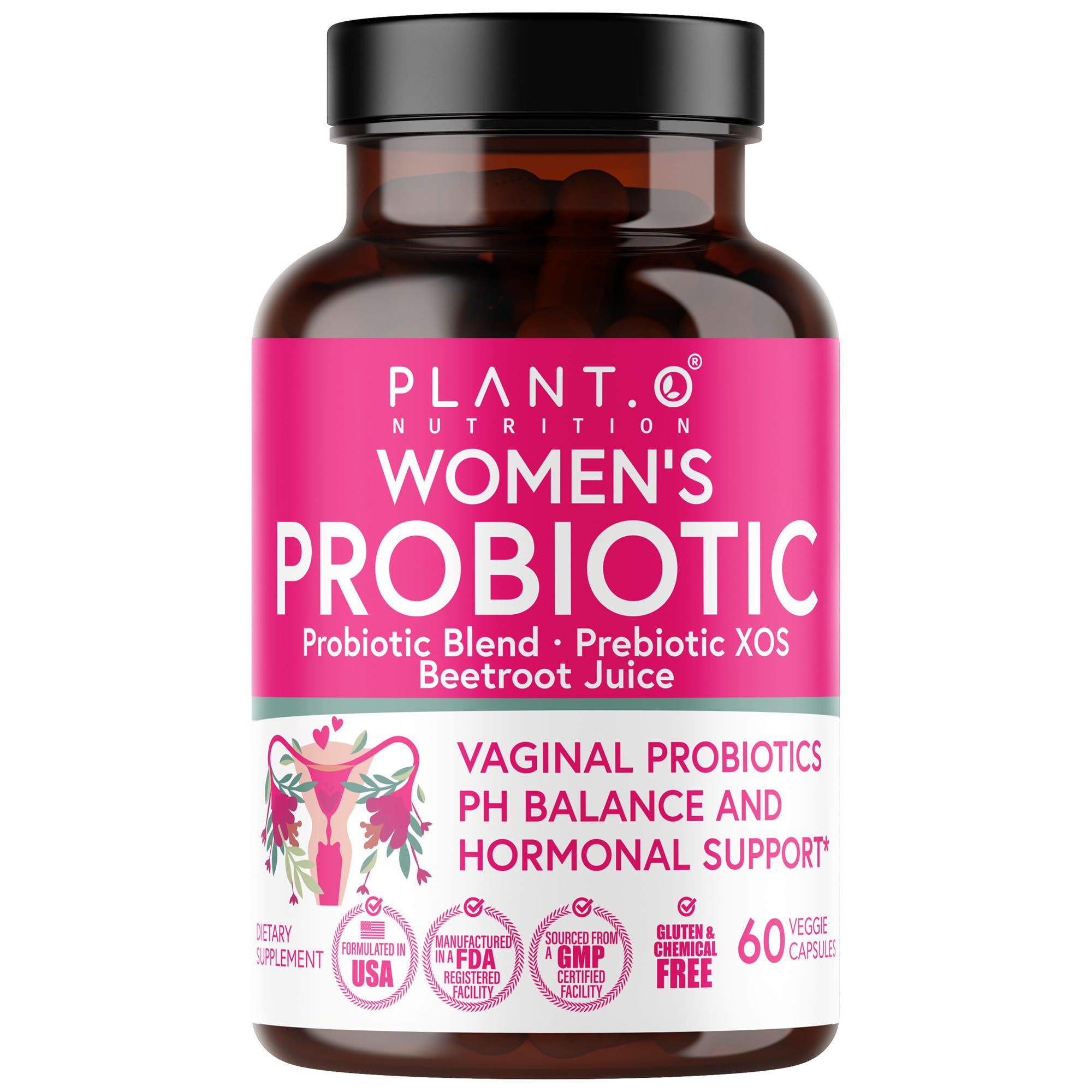 Plant.O Nutrition Vaginal Probiotics 4-strains bottle highlights balance support and odor management possibilities.