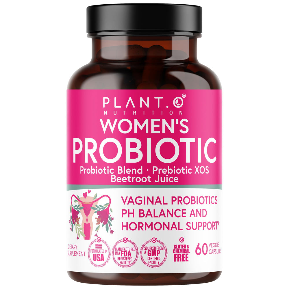 Plant.O Nutrition Vaginal Probiotics 4-strains bottle highlights balance support and odor management possibilities.