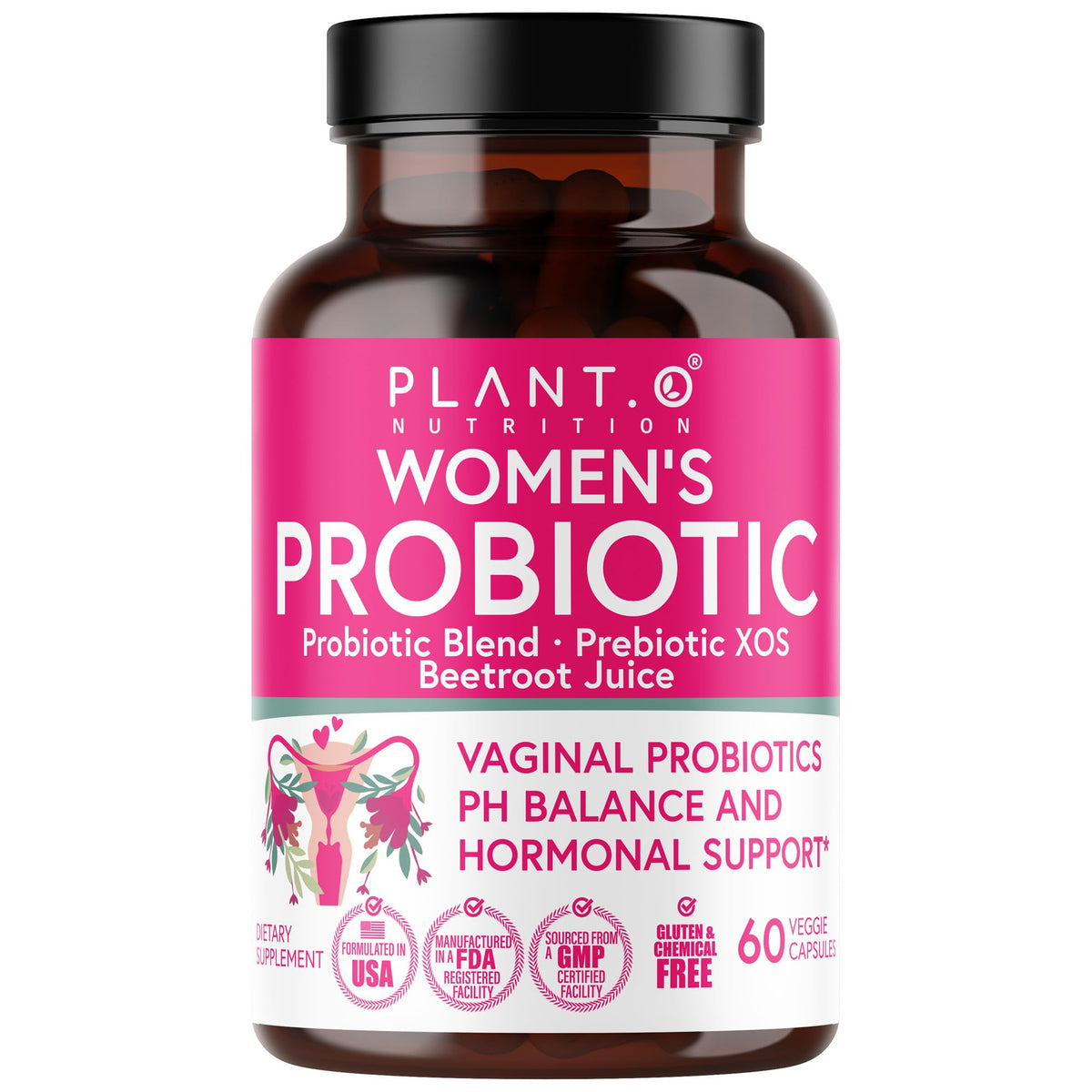 Plant.O Nutrition Vaginal Probiotics 4-strains bottle highlights balance support and odor management possibilities.