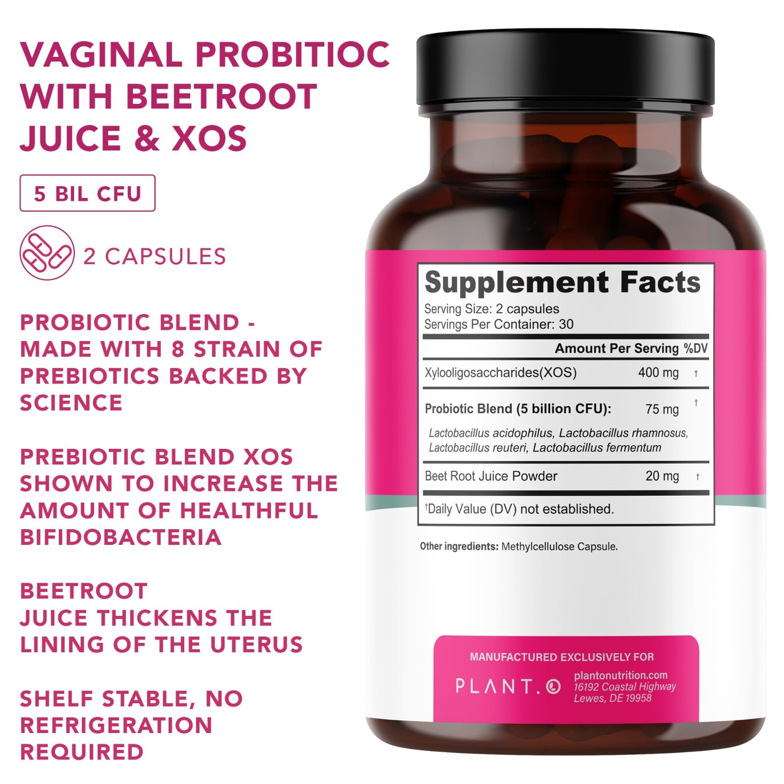 Plant.O Nutrition vaginal probiotics capsules pack conveys convenient daily use and microbiome balance support.
