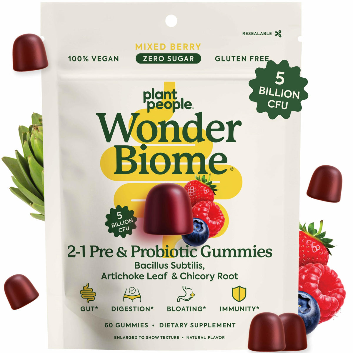 Plant People WonderBiome gummies bottle front showing 5B CFU probiotic for gut support