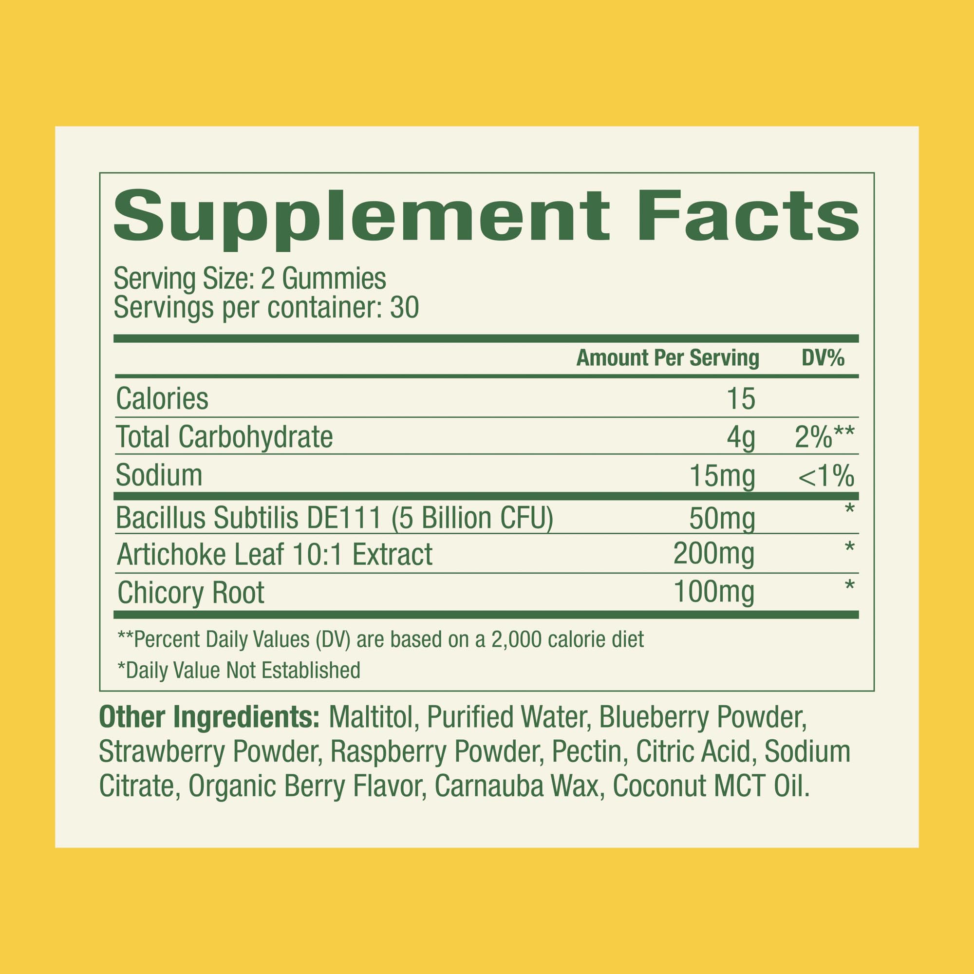 Label closeup of WonderBiome highlighting 5B CFU DE111 per serving