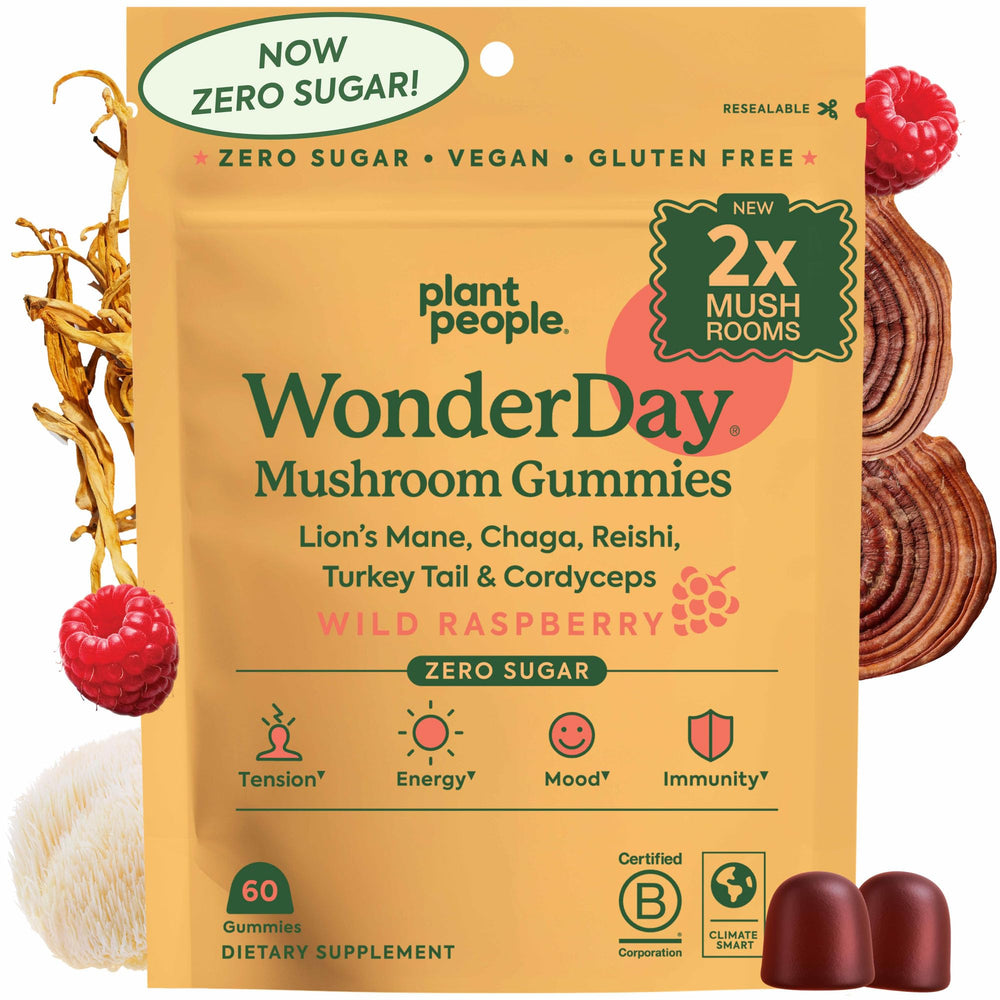 Plant People WonderDay bottle front showing sugar-free, vegan mushroom gummies.