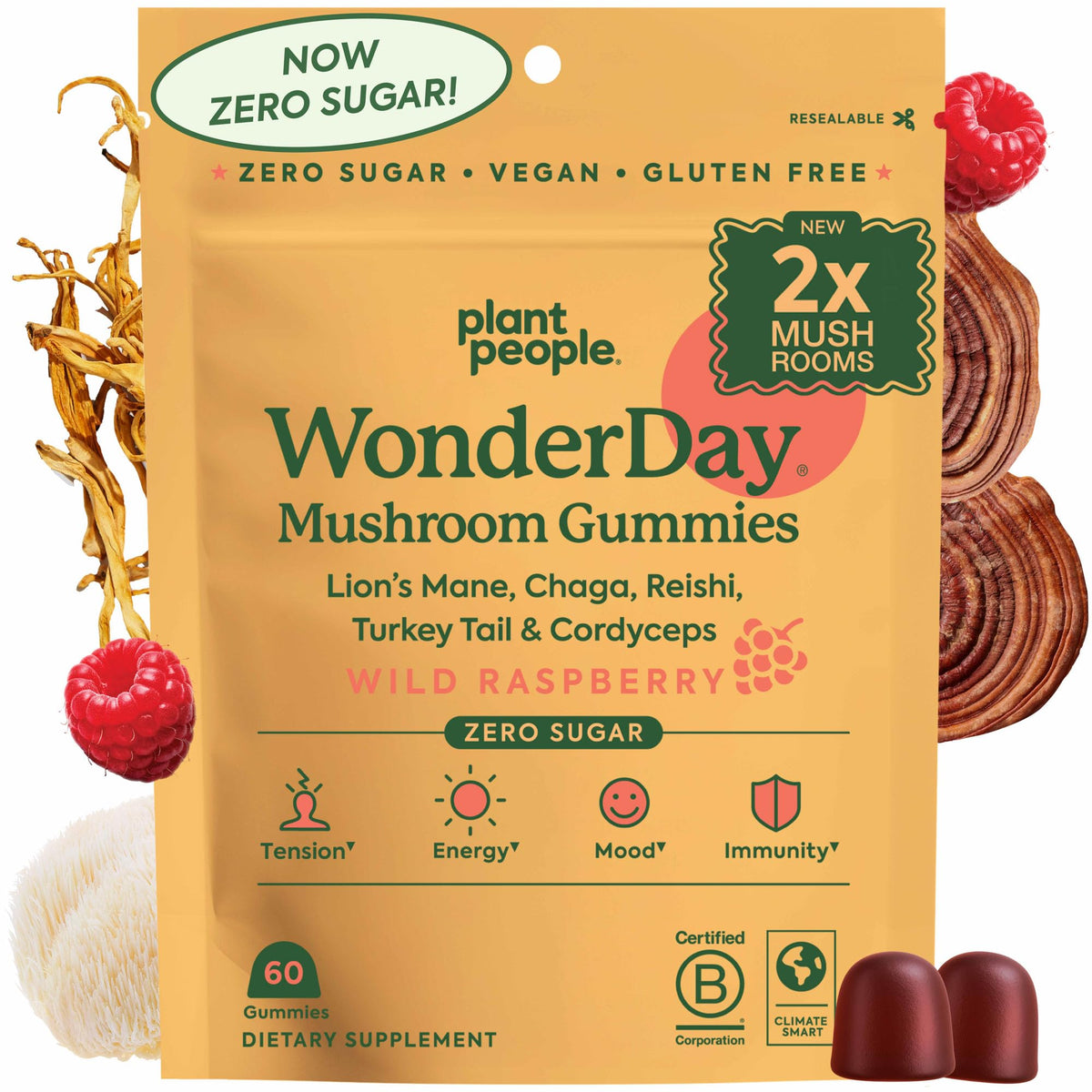 Plant People WonderDay bottle front showing sugar-free, vegan mushroom gummies.
