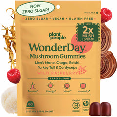 Plant People WonderDay bottle front showing sugar-free, vegan mushroom gummies.