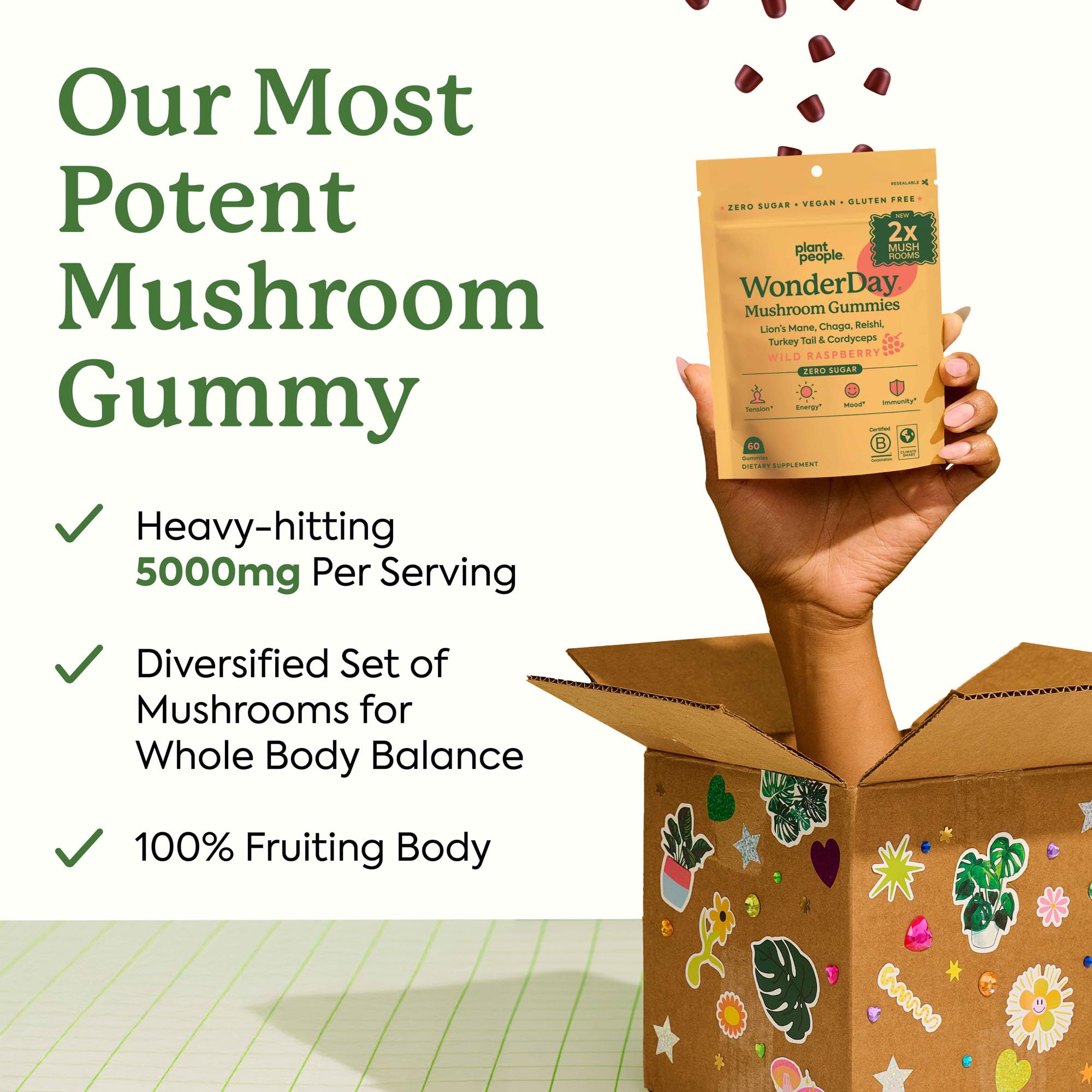 WonderDay gummies close-up highlighting chewy texture and mushroom blend for focus.