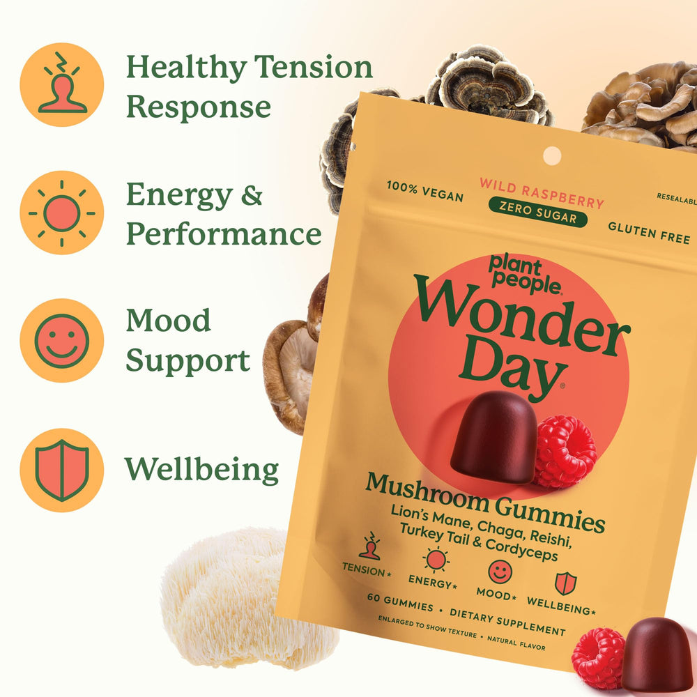 Plant People WonderDay reishi bottle signals relaxation and heart-friendly calm