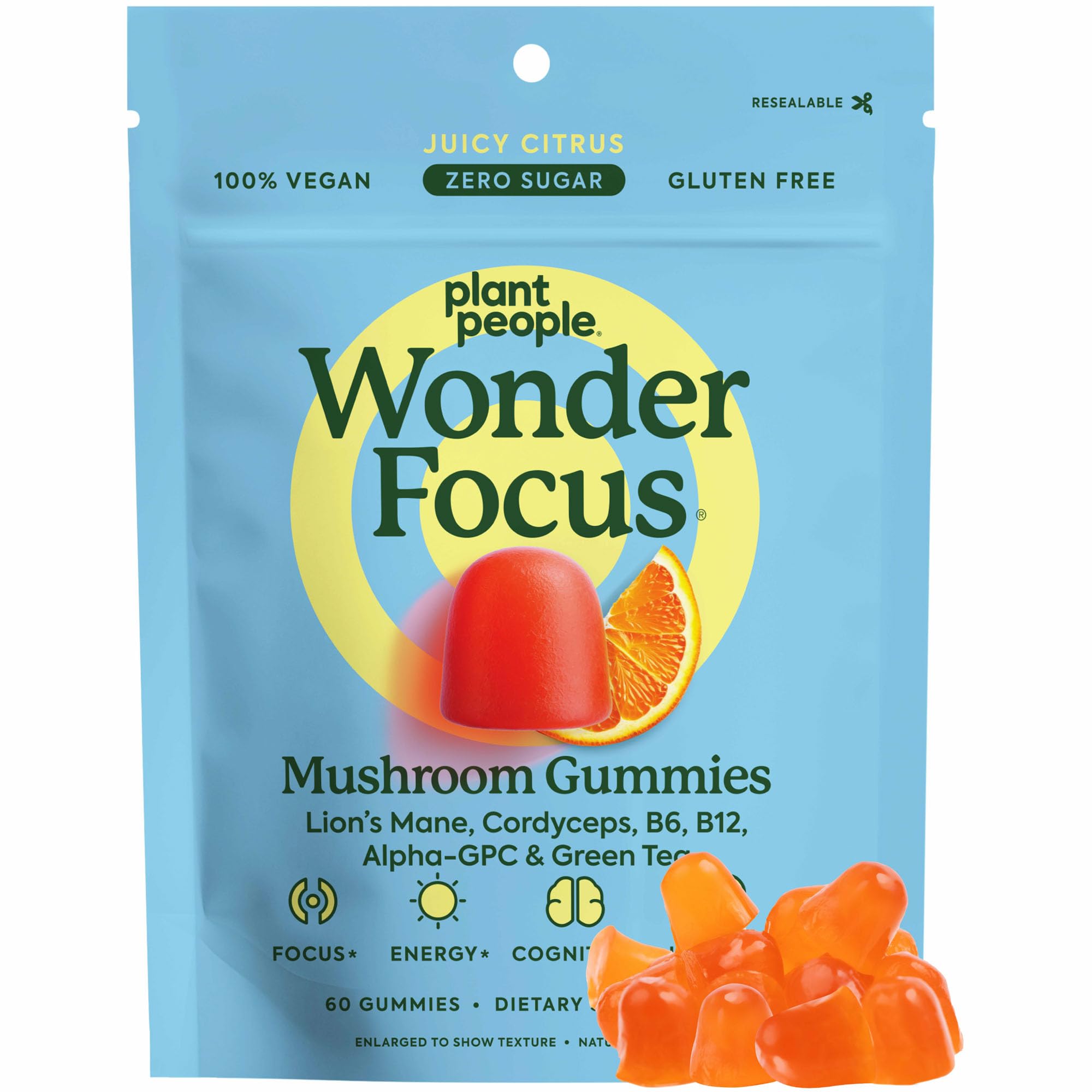 Plant People WonderFocus bottle label close-up showing citrus, no-sugar formula for focused days