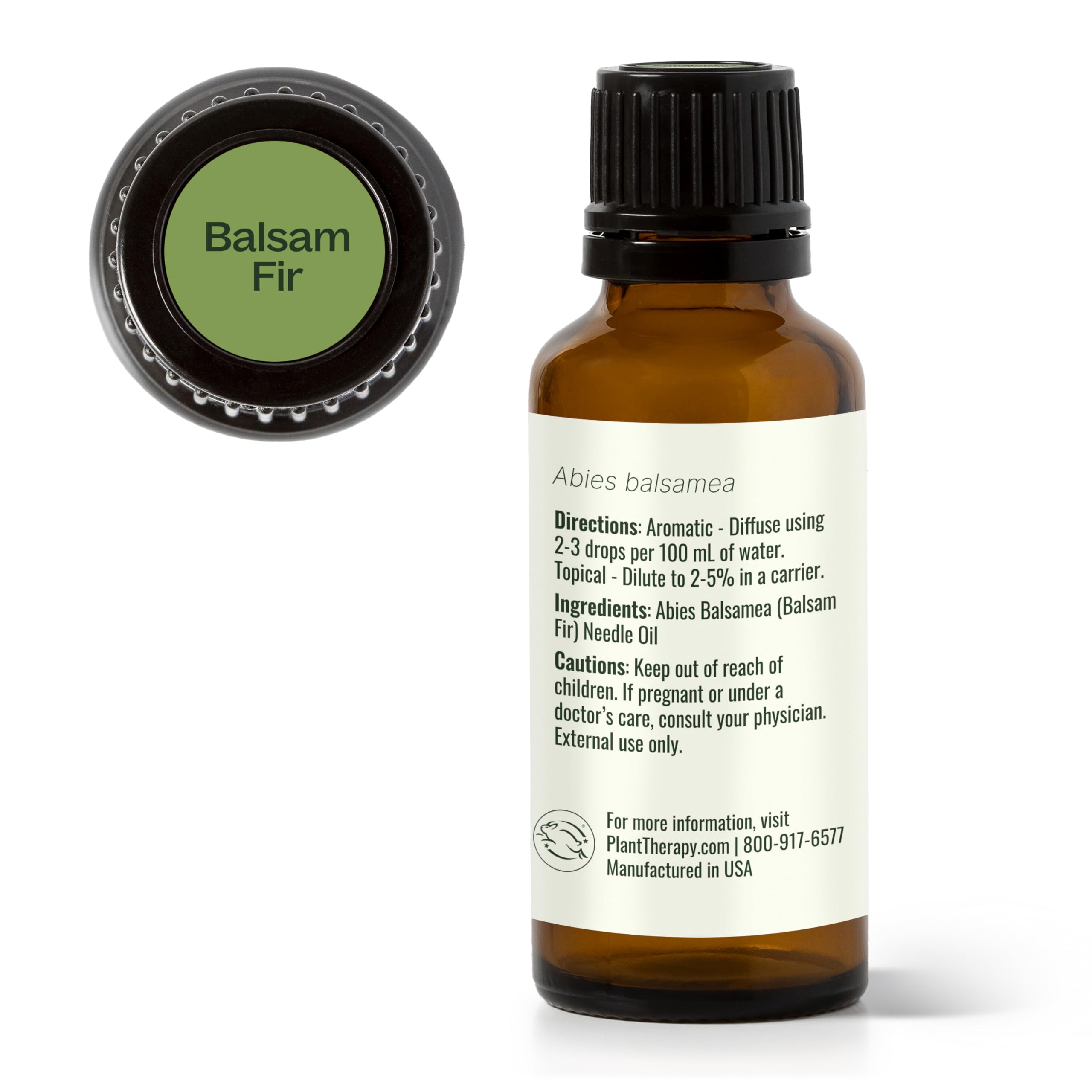 Plant Therapy Balsam Fir label close-up emphasizing purity and no additives