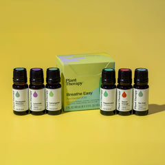 Plant Therapy Breathe Easy packaging box highlighting six included oils.