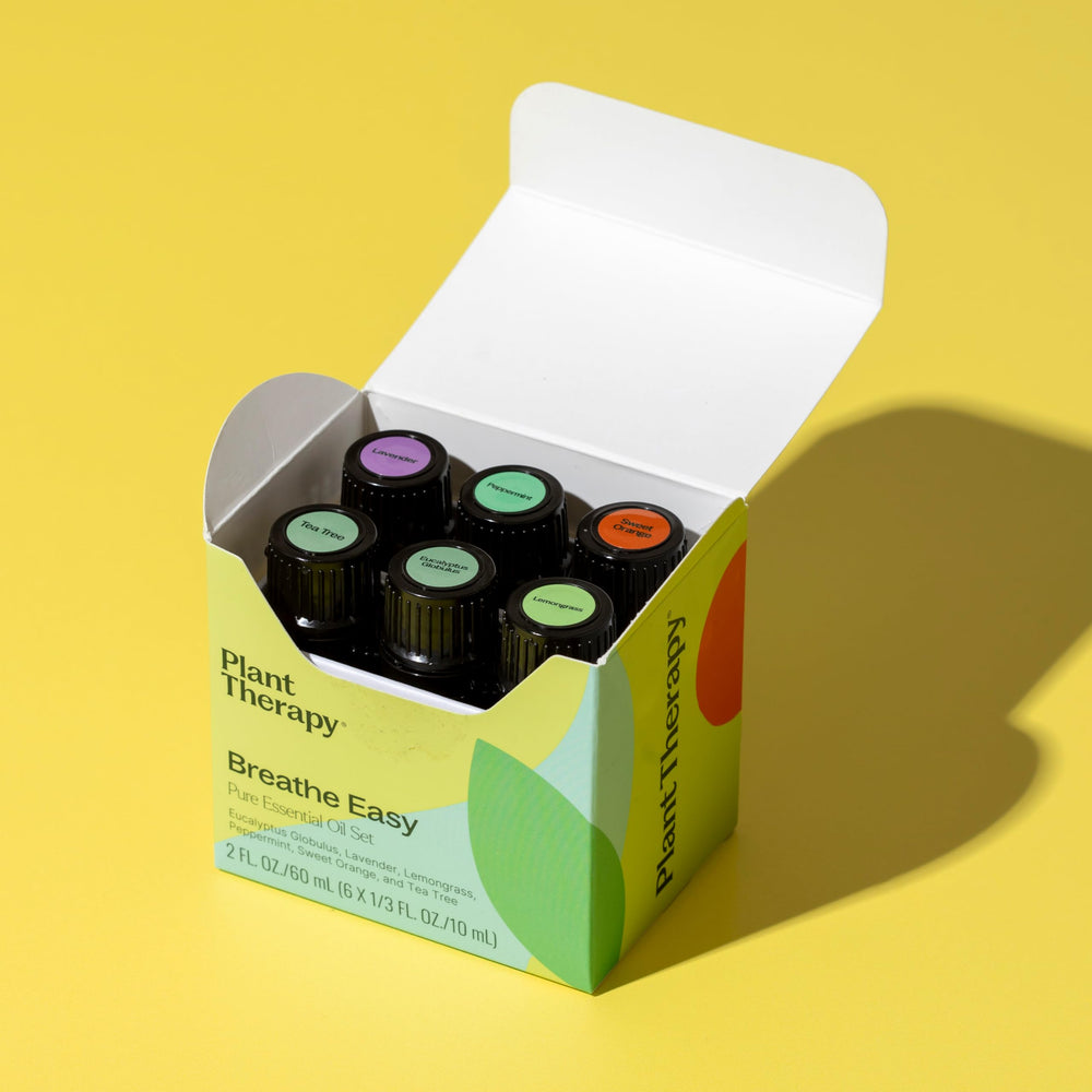 Plant Therapy Breathe Easy shelf display showcasing affordable, high-quality essential oils.