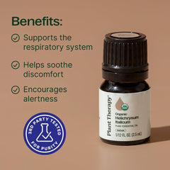 Plant Therapy Helichrysum Italicum dropper beside diffuser for aromatherapy