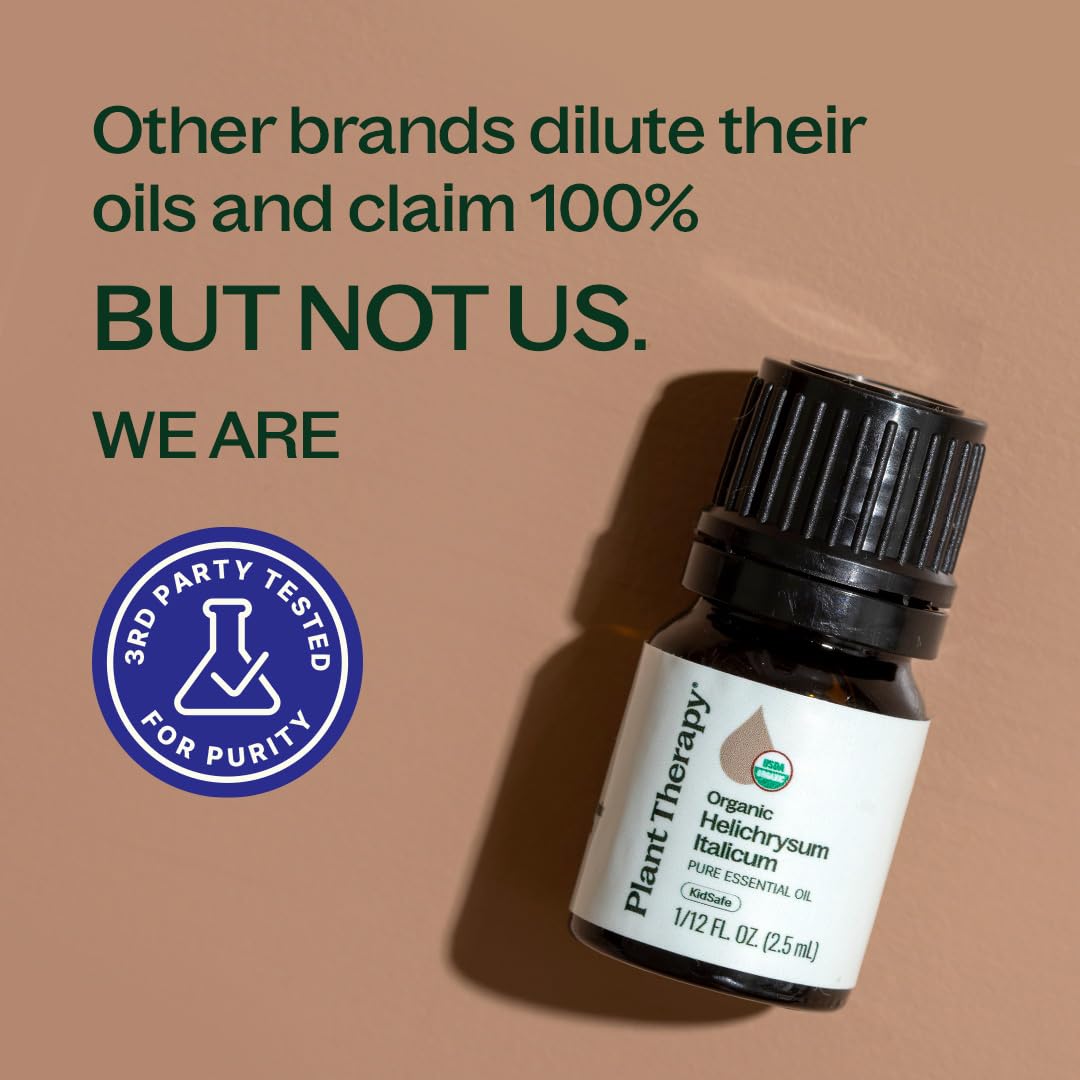 Plant Therapy Helichrysum Italicum GC-MS report card with product bottle