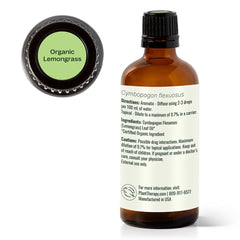 Plant Therapy Lemongrass bottle label displays batch reports and organic certification.