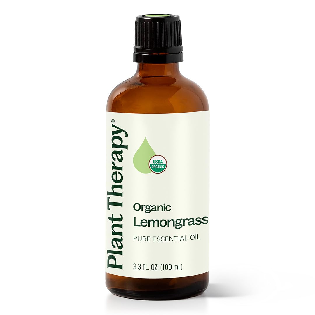 Plant Therapy Lemongrass bottle closeup highlighting bright, uplifting aroma.