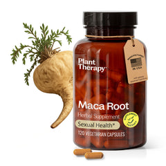 Plant Therapy Maca Root capsules bottle promotes energy and mood support.