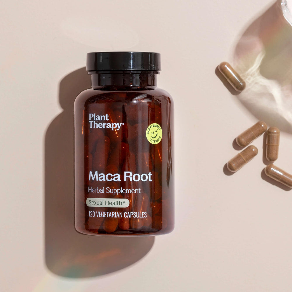 Maca root capsules for mood balance by Plant Therapy in close-up.