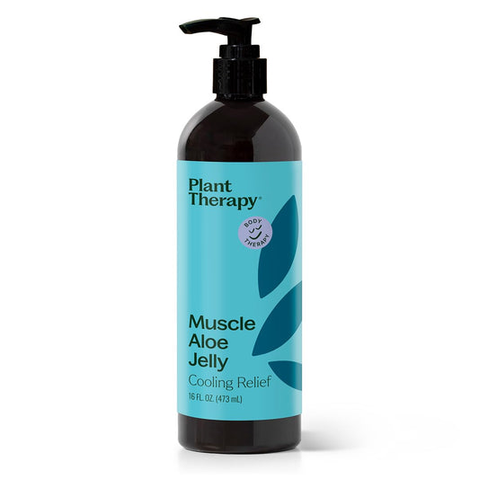 Plant Therapy Muscle Aloe Jelly bottle with label emphasizing post-workout comfort