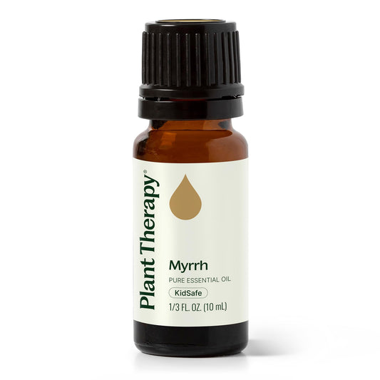 Plant Therapy Myrrh oil bottle close-up showing pure undiluted resin scent