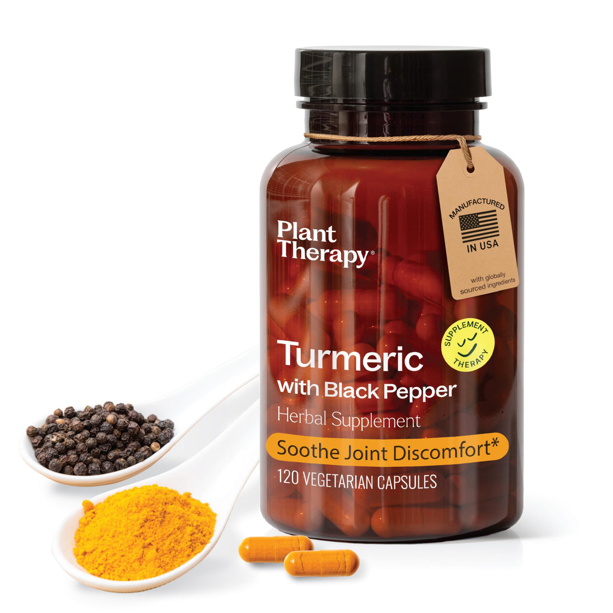 Plant Therapy turmeric with black pepper bottle showing 120 capsules for daily joint support.