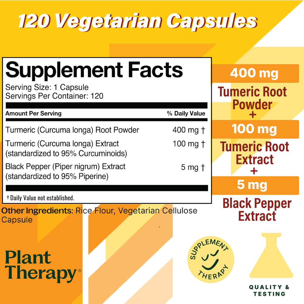 Plant Therapy turmeric extract 95% curcuminoids close-up highlighting antioxidant potential.