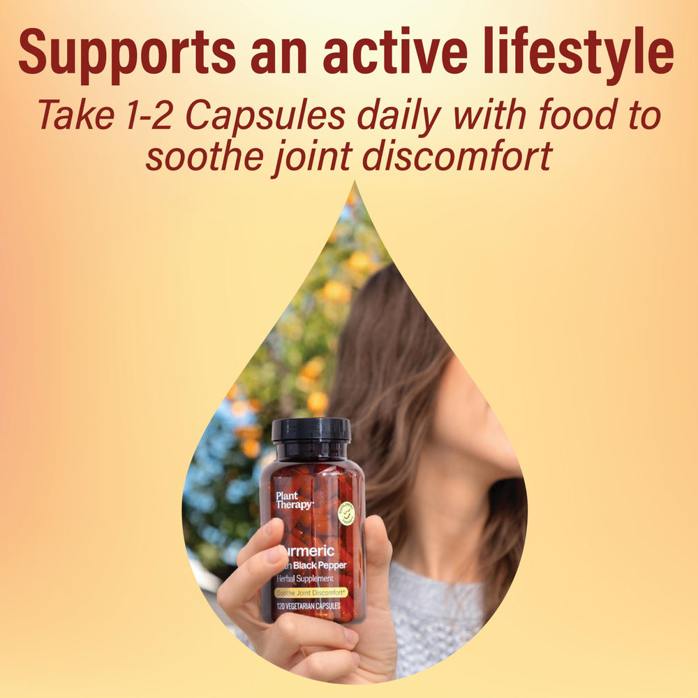 Plant Therapy turmeric root powder container suggesting immune and digestive support options.