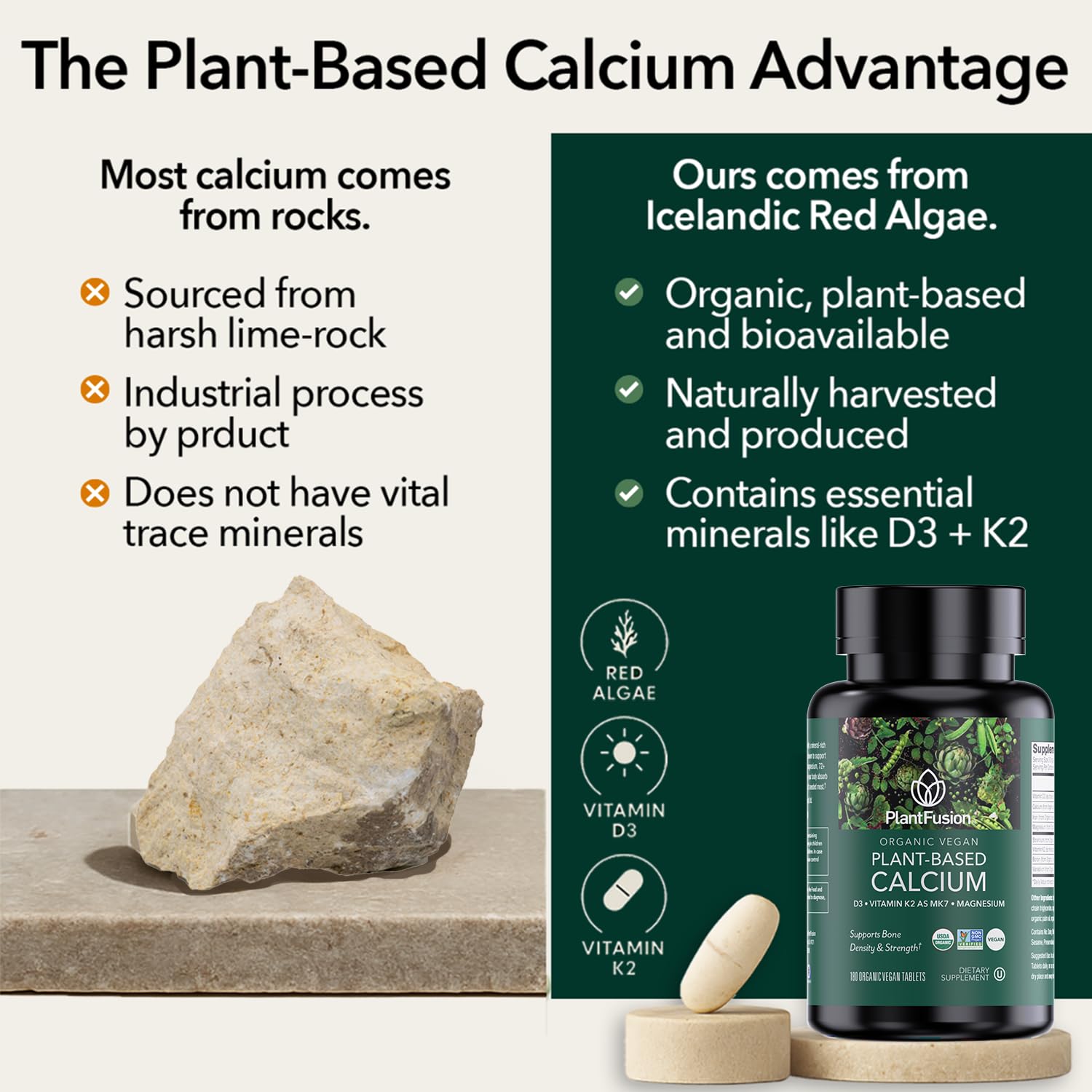 PlantFusion Aquamin red algae tablets sourced from Arctic waters for mineral-rich nutrition.
