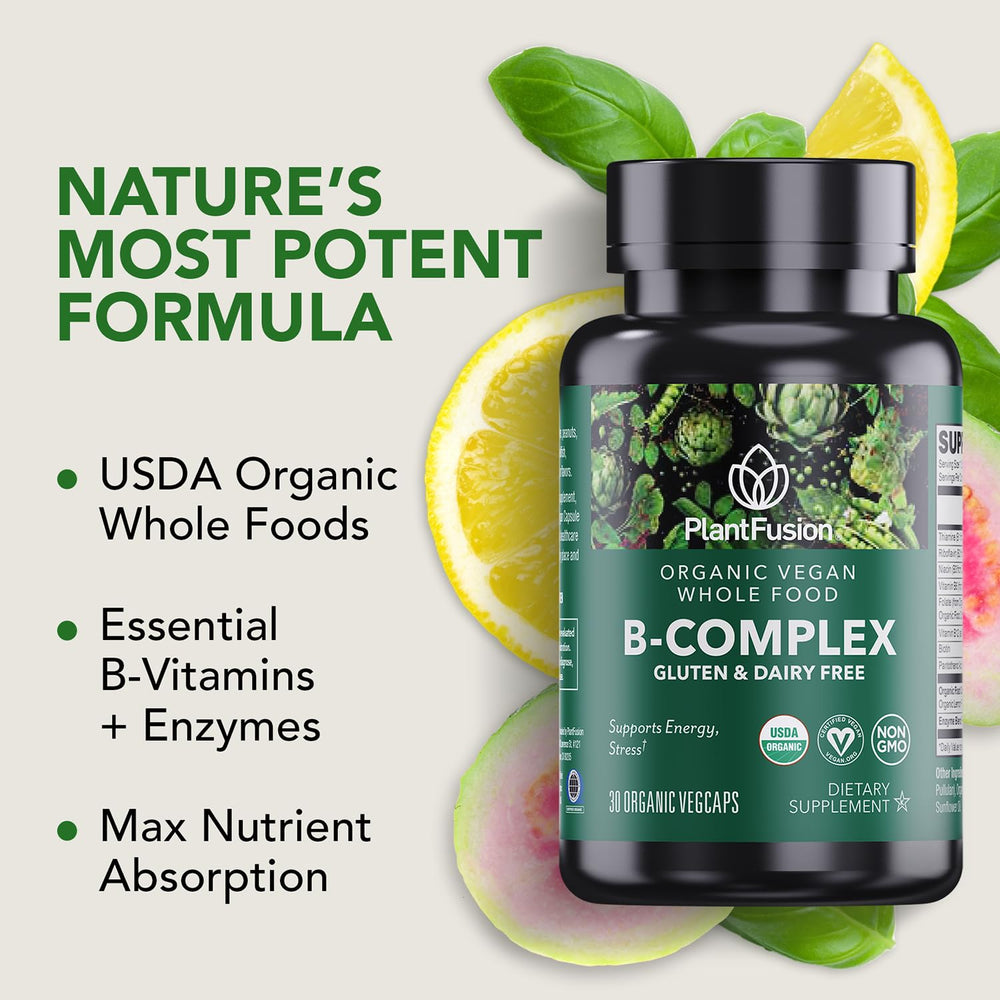 Closeup of PlantFusion B-Complex capsules indicating vegan and gluten-free formula