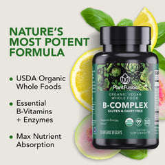 Closeup of PlantFusion B-Complex capsules indicating vegan and gluten-free formula