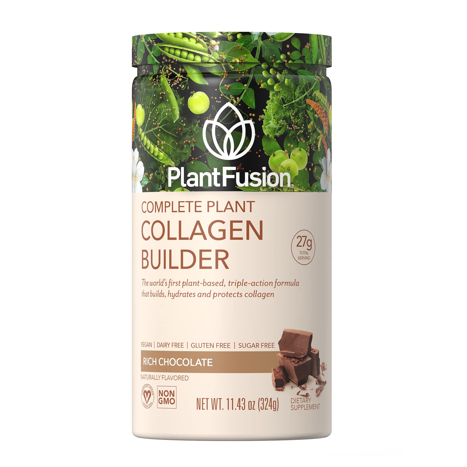 PlantFusion chocolate vegan collagen powder bottle ready for smoothies.
