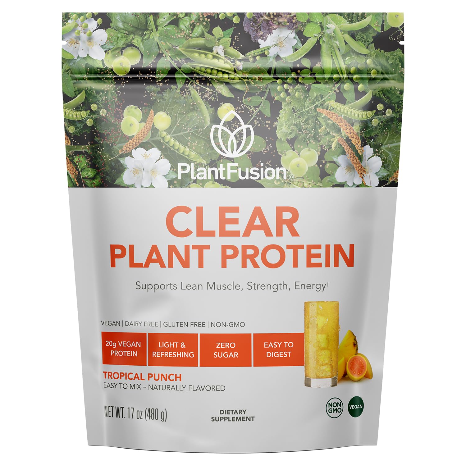 PlantFusion Clear Protein front label shows vegan, non-GMO nutrition.