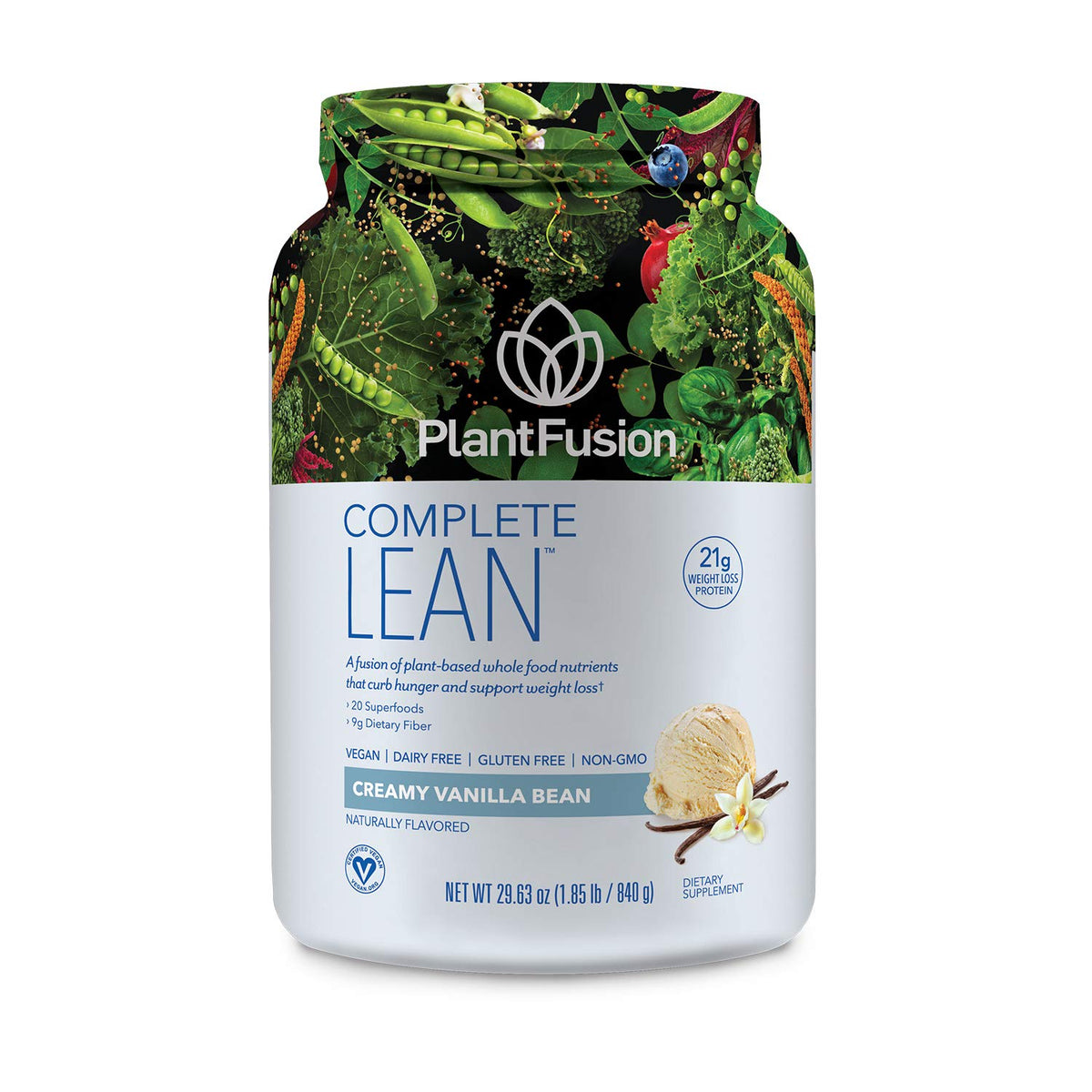 PlantFusion Complete Lean vanilla bottle shows protein-packed nutrition for quick meals