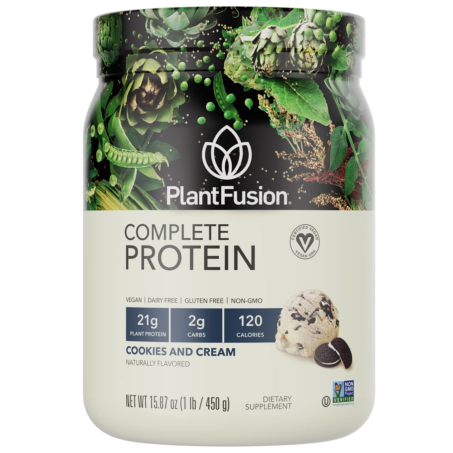 PlantFusion Cookies & Cream tub foreground showcasing creamy vegan protein powder.
