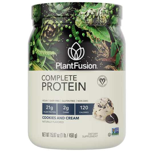 PlantFusion Cookies & Cream tub foreground showcasing creamy vegan protein powder.