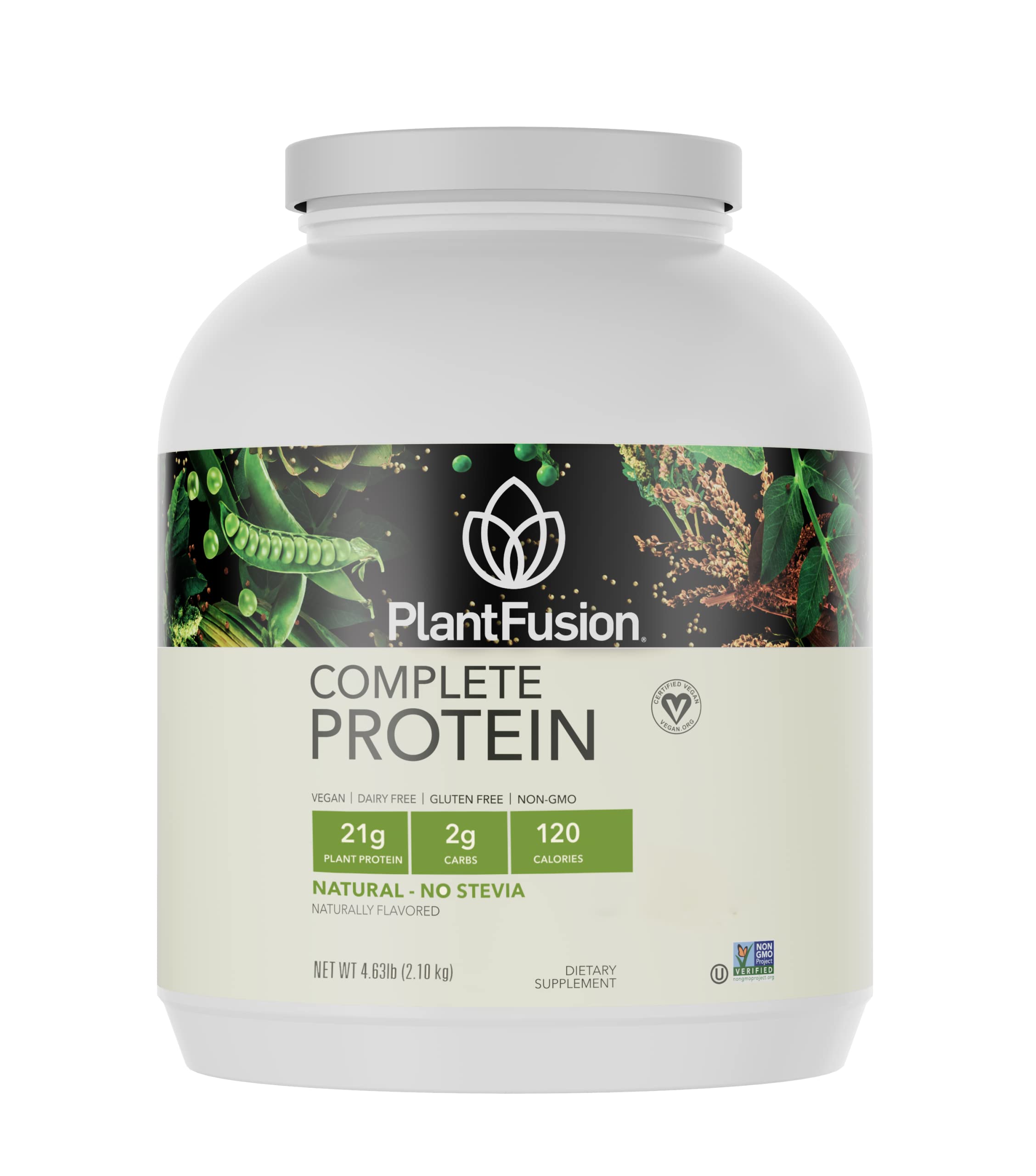 PlantFusion Complete Vegan Protein Powder tub front shows five-protein blend for shakes