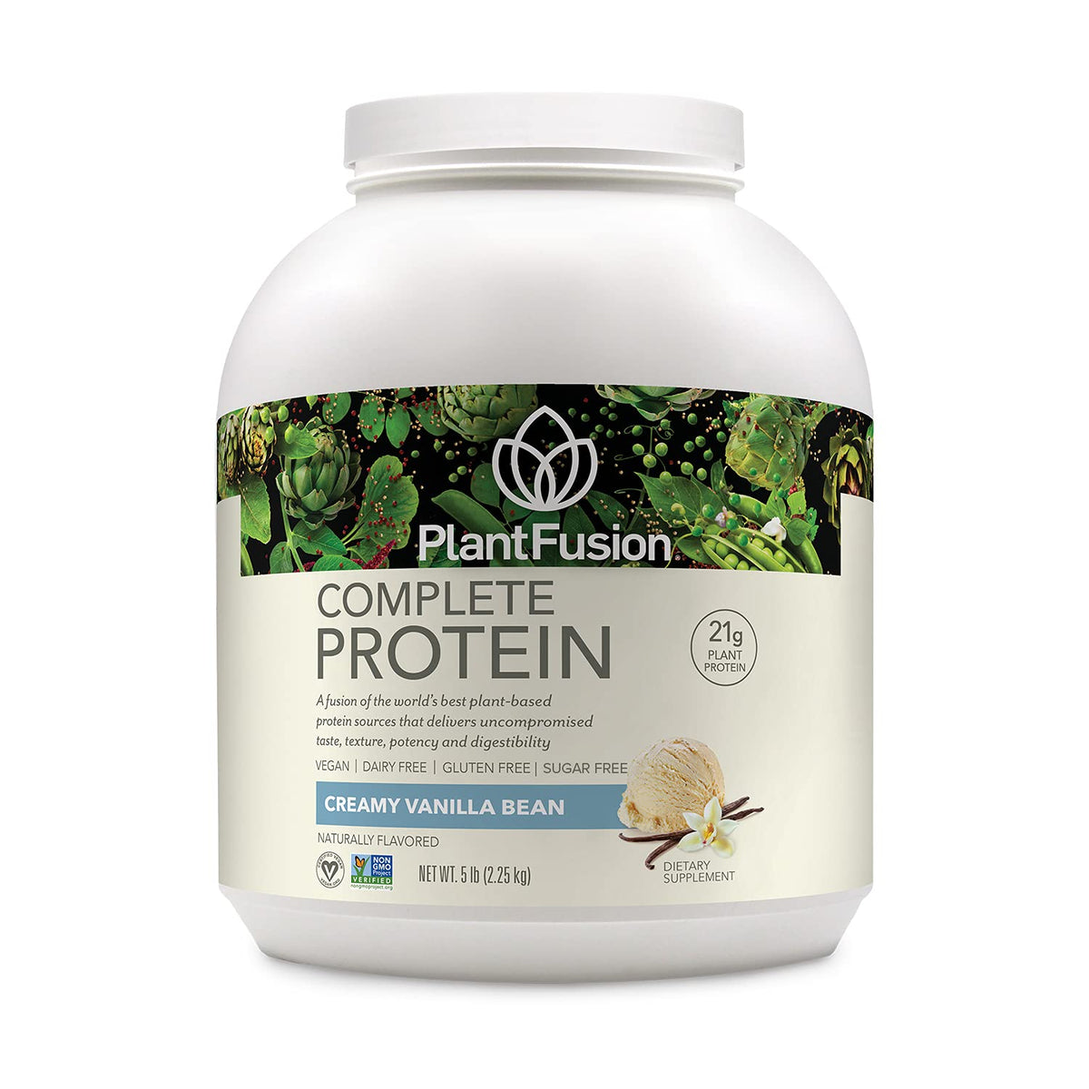 PlantFusion Complete Vegan Protein powder in vanilla bean flavor, smooth shake booster