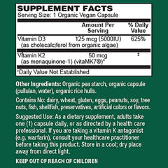 PlantFusion D3 K2 label close-up showing 5000 IU and 50 mcg amounts for bone health