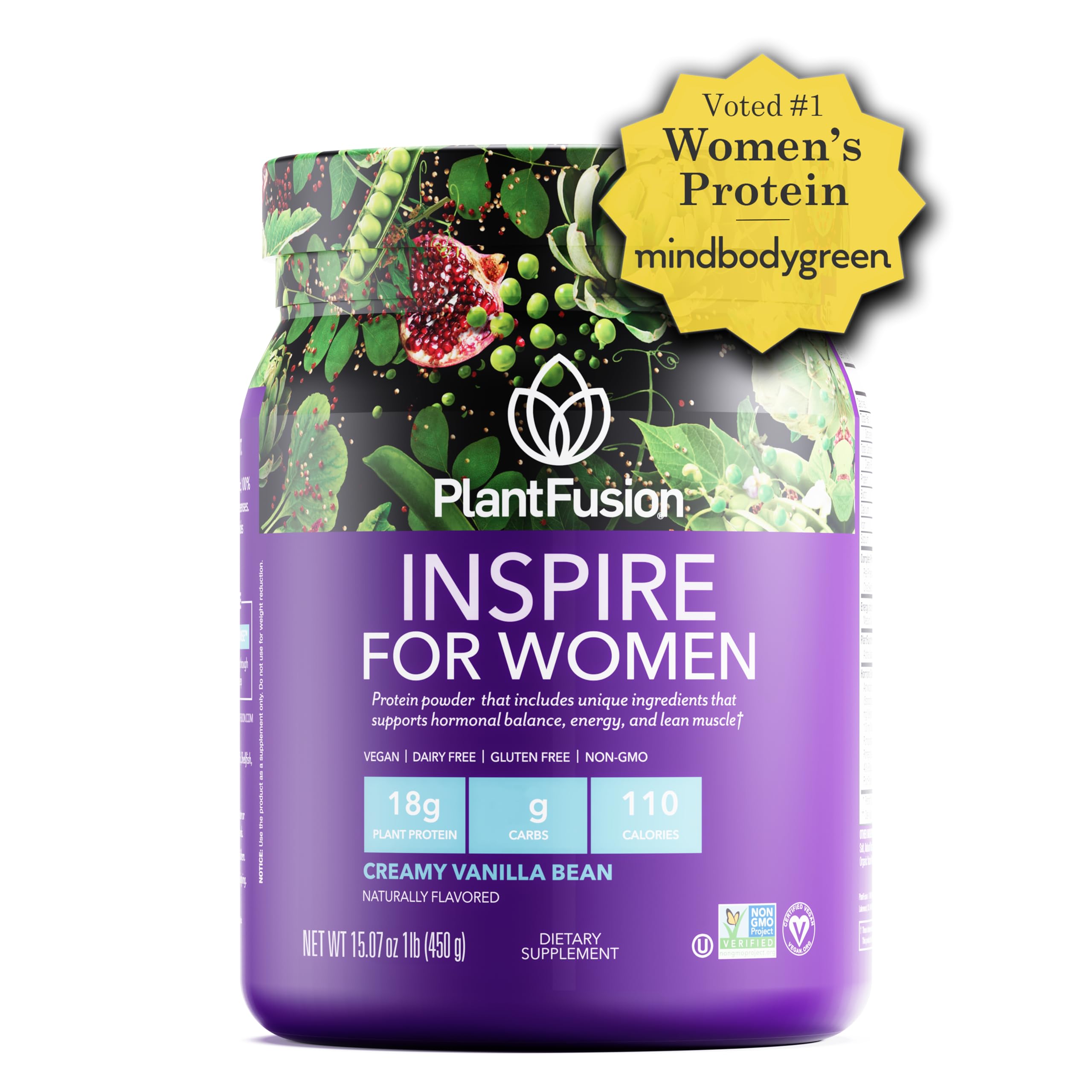 PlantFusion Inspire Women dairy-free icon emphasizes non-dairy formula.