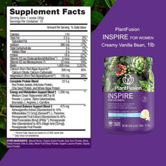 PlantFusion Inspire Women ingredients glass highlights natural plant-based proteins.