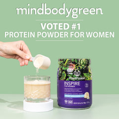 PlantFusion Inspire Women powder closeup highlighting creamy vanilla flavor.