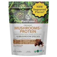 PlantFusion mushroom protein powder front view highlighting the 10-species blend for balanced nutrition.
