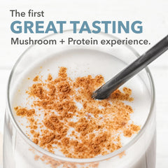 PlantFusion vanilla powder scoop in bowl, ideal for quick smoothies and coffee boosts.