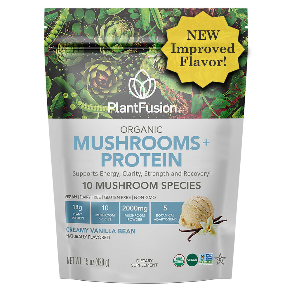 PlantFusion Mushroom Protein Powder Vanilla tub front—convenient daily protein for busy lifestyles.