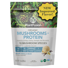 PlantFusion Mushroom Protein Powder Vanilla tub front—convenient daily protein for busy lifestyles.