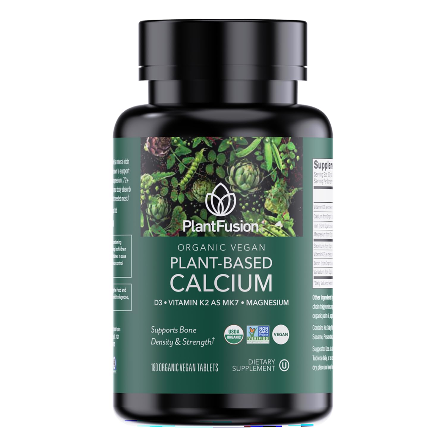 PlantFusion organic vegan calcium bottle with 180 tablets for daily bone support.