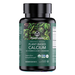 PlantFusion organic vegan calcium bottle with 180 tablets for daily bone support.