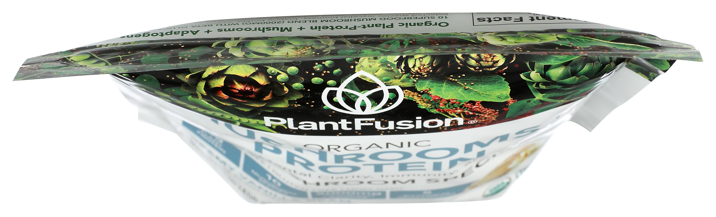 PlantFusion vanilla mushroom powder bottle with label close-up, highlighting 3-in-1 formula.