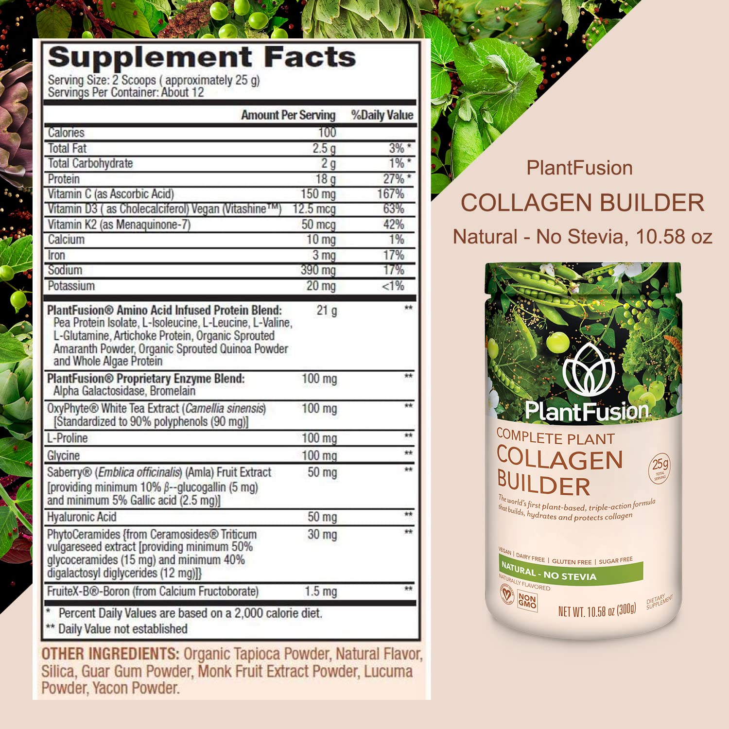 PlantFusion vegan collagen powder vanilla bean flavor label for a gourmet option.