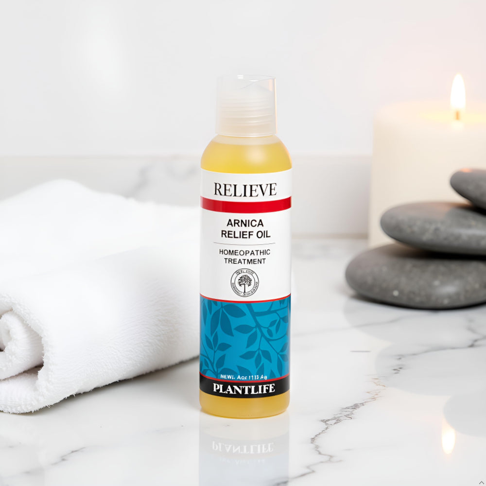 Plantlife Arnica Relieve Oil massage use visual for comforting muscle care.